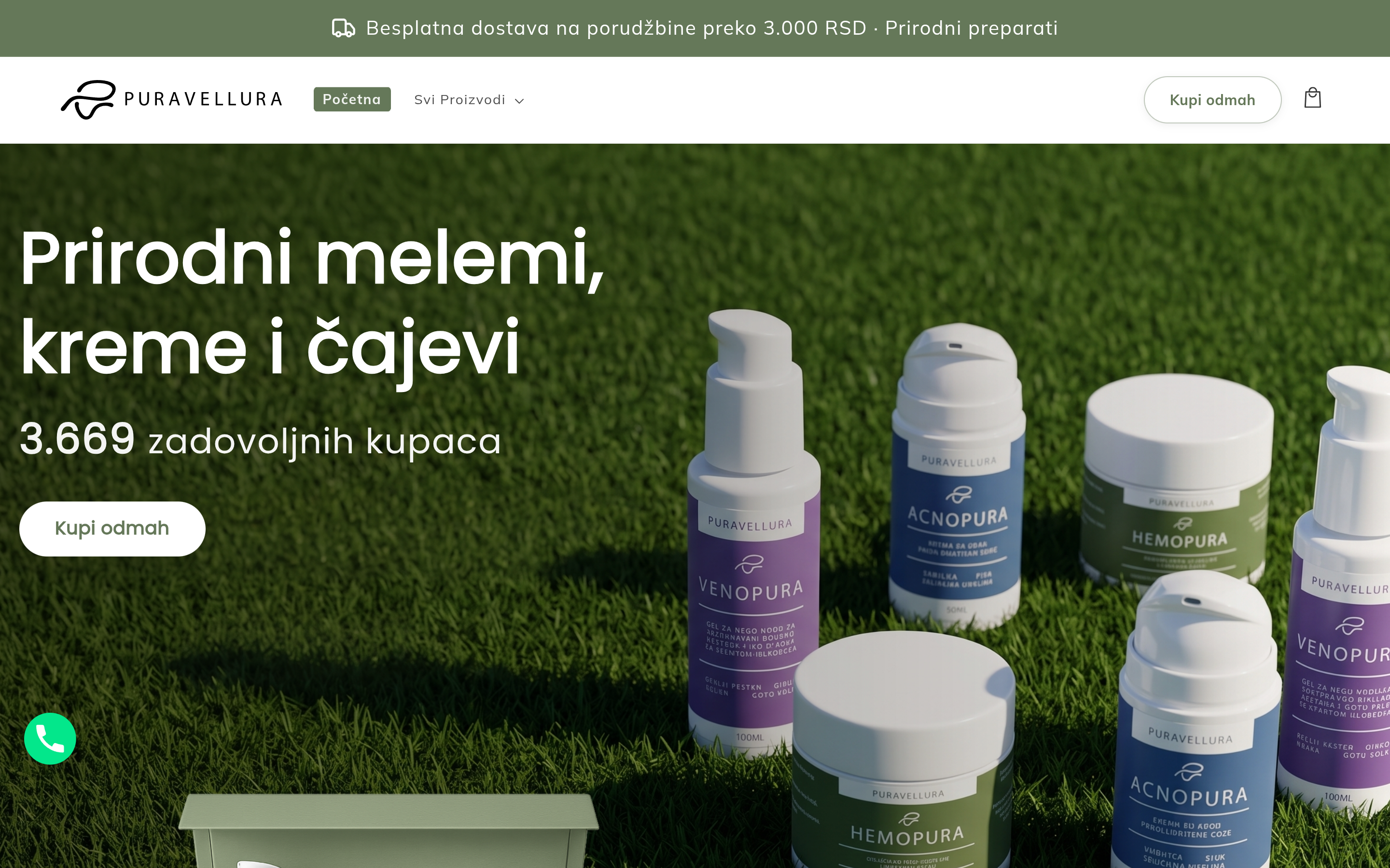 Pura Vellura homepage with natural balms, creams, and teas